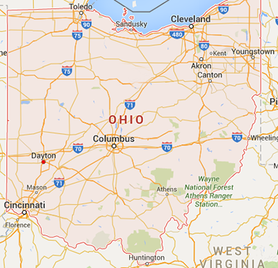 map of ohio showing that Dayton is located near one of the busiest crossroads in America -- where I-75 meets I-70